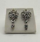 Silver Tone Clear Crystal Style Floral Drop Earrings Vintage Style