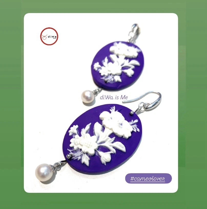 Orecchini Cameo Viola Argento Pendente Perla - Immagine 3 di 4