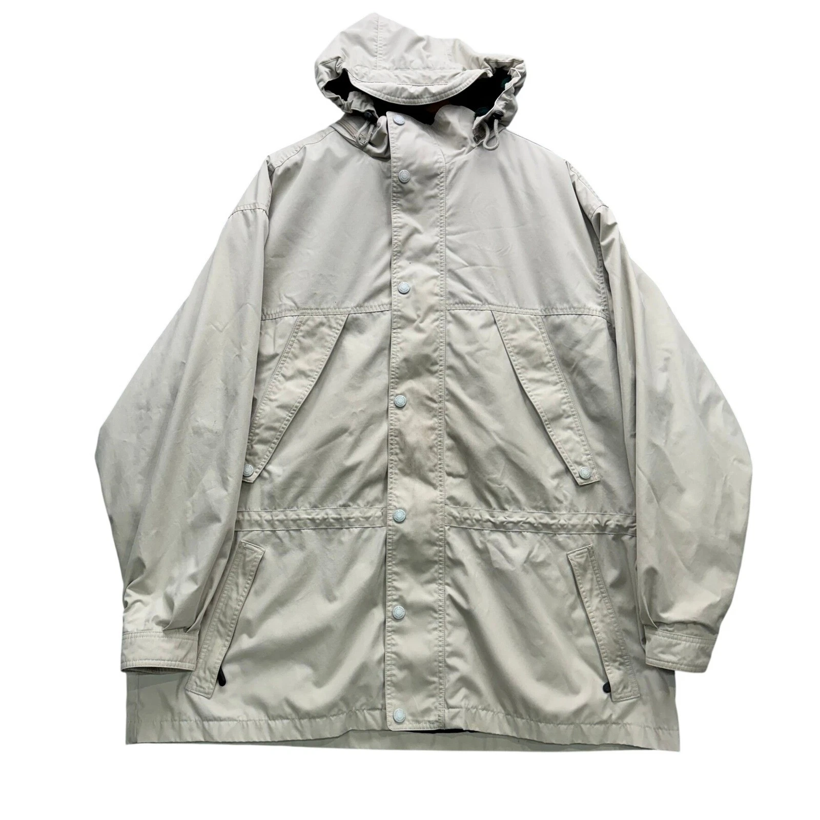 Eddie Bauer Parka Jacket Men's XL Beige Hooded Plaid Lined Outdoor Coat