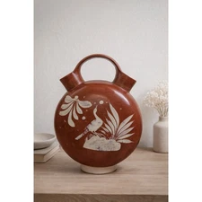 Vintage Terracotta Ceramic Pitcher Jug Double Spout Bird Design Handmade Mexico