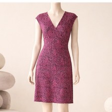 Ann Taylor Petite 8P Magenta Black Abstract Print Faux Wrap Dress Cap Sleeve