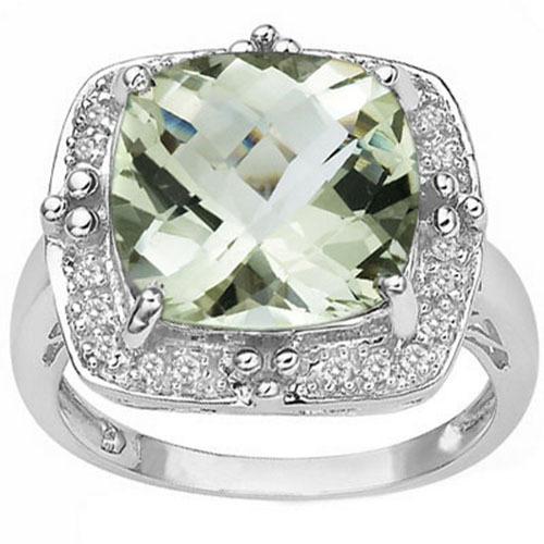 6.65 CTW GENUINE DIAMOND & GREEN AMETHYST PLATINUM OVER 0.925 S.SILVER RING - Picture 2 of 2