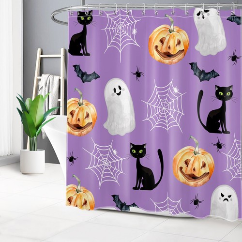 Spooky Cat Pumpkin Ghost Purple Halloween Shower Curtain Set for