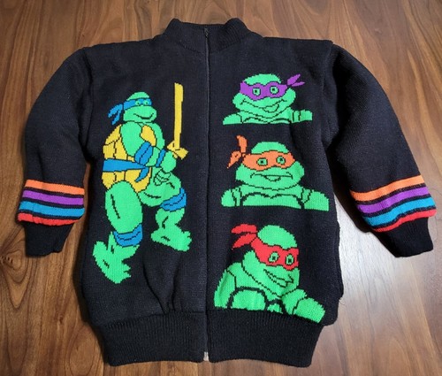 Vintage Teenage Mutant Ninja Turtles Knit Bomber Jacket Sz L Youth - Picture 6 of 12