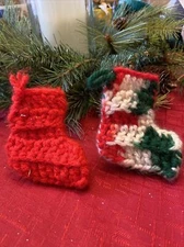 Vintage Handmade Crocheted Stockings  Red Green Ornaments Set Of 2 3”