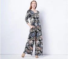 Attitudes by Renee Regular Printed Como Jersey Jumpsuit-Black Palm-3X A489349