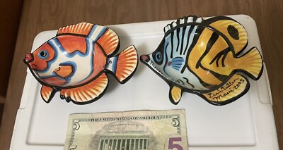 2- 2005 MAUI Ben Diller Clownfish & Threadfin Pottery Ceramic Bowl Maui Hawaii