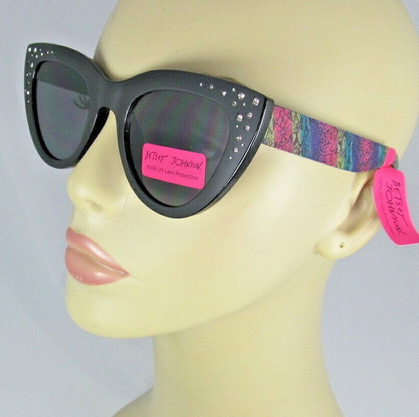 BETSEY JOHNSON Black Cat Eye Sunglasses Bling-accented Rims Multicolor Arms