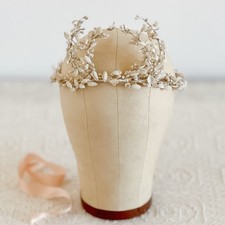 Antique Tiara Vintage Flower Crown With Linen Flowers And Wax Beads