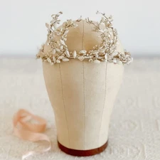 Antique Tiara Vintage Flower Crown With Linen Flowers And Wax Beads