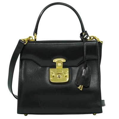 GUCCI Lady Lock Leather 2way Shoulder Top Handle Handbag Black Gold