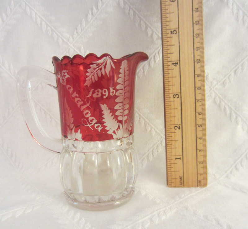 Lovely 1896 Saratoga Ruby Flashed Souvenir Pitcher - Unusual Fern Decoration