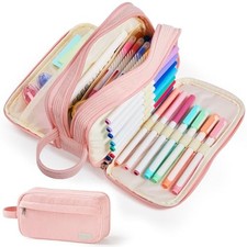 High Capacity Pencil Case, Soft Corduroy Pencil Pouch with 4 Pink