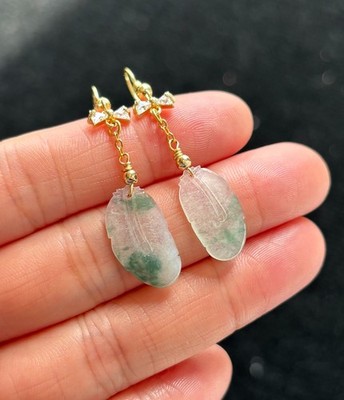 Highly Icy Floating Green Feather Jadeite Jade Earrings, 100% Untreated