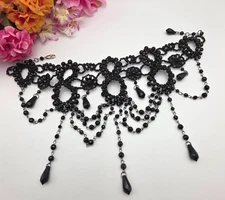 Victorian Gothic Statement Waterfall Bib Necklace Black Glass Crystal Choker 16"