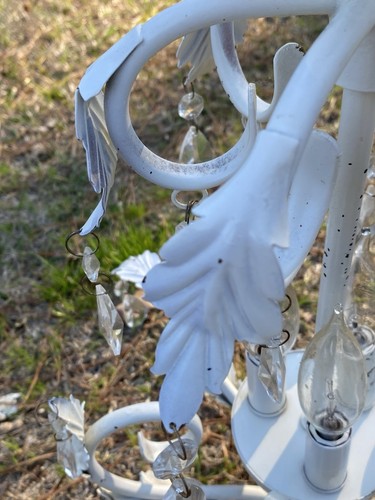 Vintage Farmhouse White Metal Chandelier Missing A Few Teardrop Prisms - Picture 15 of 24