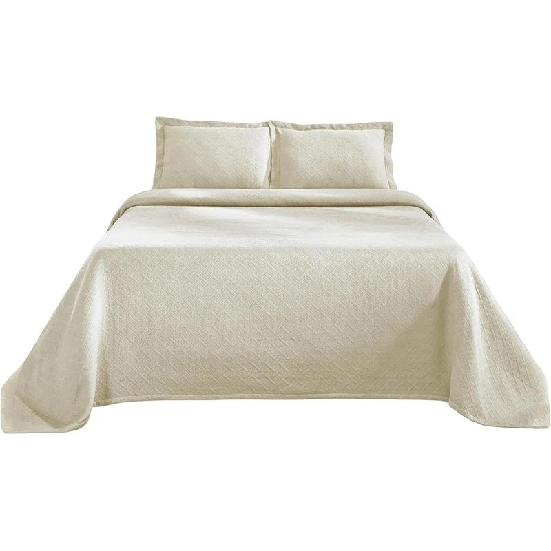 Luxury Cotton King Size Ivory Bedspread Set Soft Texture Cozy Home Decor New - Image 3 of 4