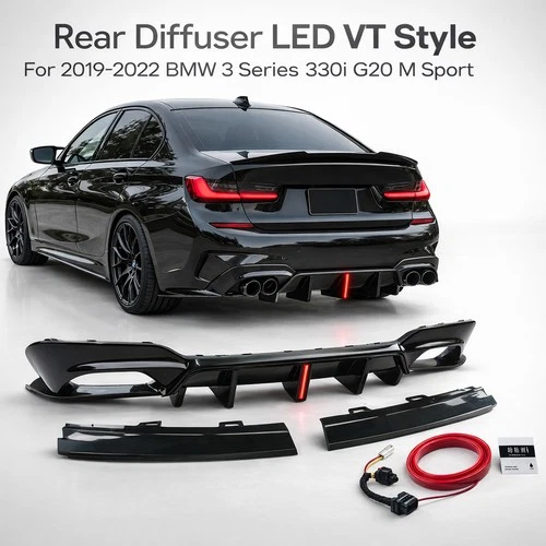 Gloss Black LED Rear Diffuser For BMW G20 330i M Sport 2019-22 Pre-LCI VT Style