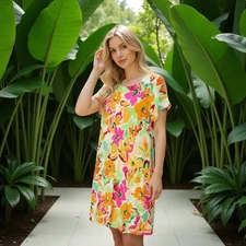 MSK Womens Pullover Stretch Ivory Multi Floral Print Short Sleeve Dress Sz L NWT