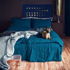 Teal Blue Linen Duvet Cover, Stonewashed Dark Bedding Cover Set with Pillowcase