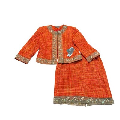 Josephine Chaus Petite 8P Orange Tweed Skirt Suit Embroidered Jacket Set
