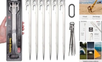Tent Stakes 6-PCS - Camping Essentials for Tent Camper. Stainless 11 Inch 6 Pcs