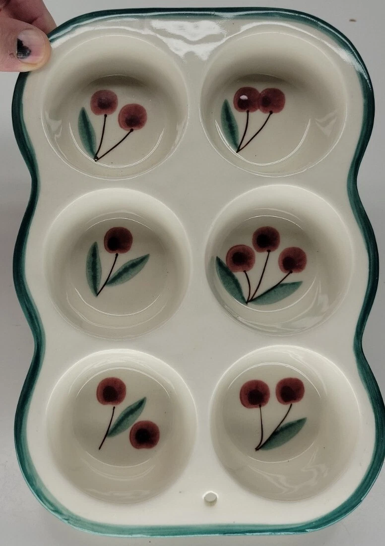 Hartstone Stoneware Hand Painted Cherry Muffin Cupcake Pan Green Edge Initialed
