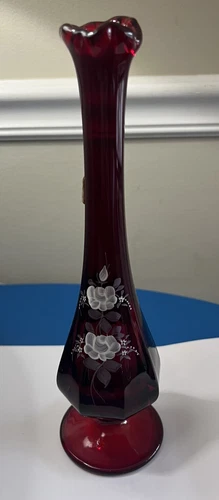 Fenton Ruby Red Swung Vase Hand Painted and Signed 10 3/4 Vintage