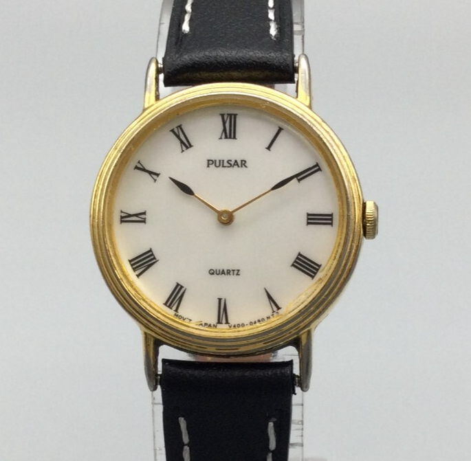 Vtg Pulsar Watch Women 25mm V400-0170 Gold Tone Black 