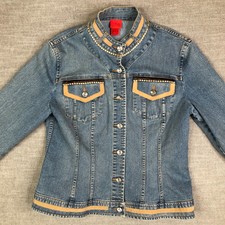 Very Vera Jacket Womens L Blue Denim Suede Trim Rhinestoned Button Up Trucker