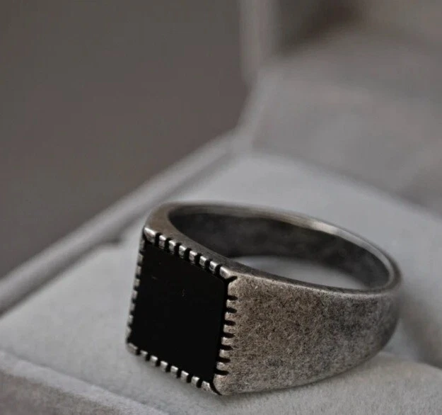 Anillo de sello plano de ónix negro vintage para hombre de plata esterlina y hombre Foto 4 de 4