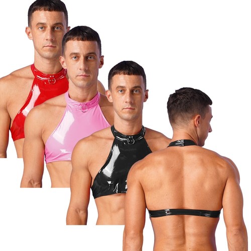 Men's Patent Leather Crop Tops Backless T-shirt Halter Neck Undershirts Clubwear - Picture 2 of 46