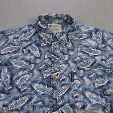 Columbia Shirt Mens Medium Blue Hawaiian Fish AOP Button SS Fishing Camping