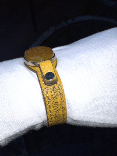 YELLOW LEATHER Bracelet Men's/ Women's Wristband ENGRAVED AQEEQ SILVER FRAME - Picture 7 of 20