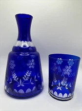 Vtg Bohemian Czech Cobalt Blue Carafe Glass Decanter Cruet Set