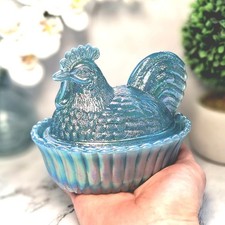 Carnival Glass Rooster Hen on Nest Chicken Candy Dish, Blue, Mosser / Rosso