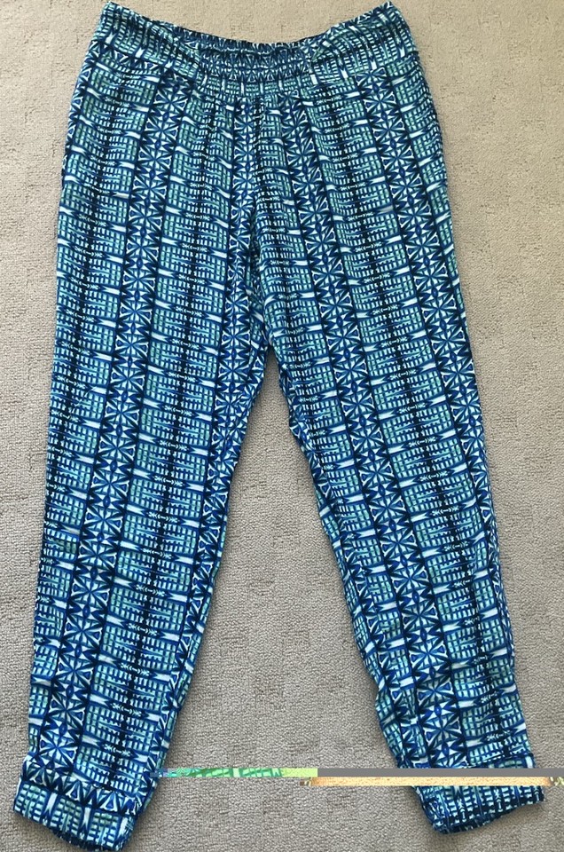 Katies Ladies Size 14 Blue & Aqua Print Pants Viscose Tapered Leg  Side Pockets