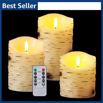 3 Pcs Flameless Birch LED Candles Moving Luminara Real Wax Battery Remote Timer
