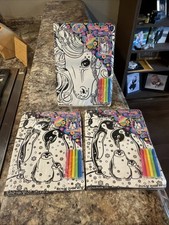 Lot Of 3 Lisa Frank Velvet Art Penguins  Unicorn W/Markers See Pics 4 Condition
