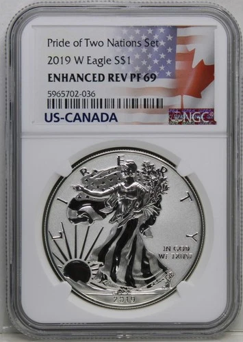 2019 W Pride of Two Nations Enhanced Reverse PF69 American Silver Eagle