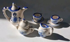 Vintage Miniature Blue White Porcelain Dollhouse Tea Set Windmill Floral 7 Pc