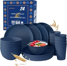 24pcs Wheat Straw Dinnerware Sets For 8, Unbreakable Plates and Bowls Wheat Stra