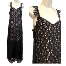 Bronite Maxi Dress Womens Medium Black Lace Nude Long V-Neck Party Witchy