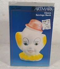 ARTMARK Clown Savings Bank Vintage 1989 Handcrafted In Original Box 6.79"