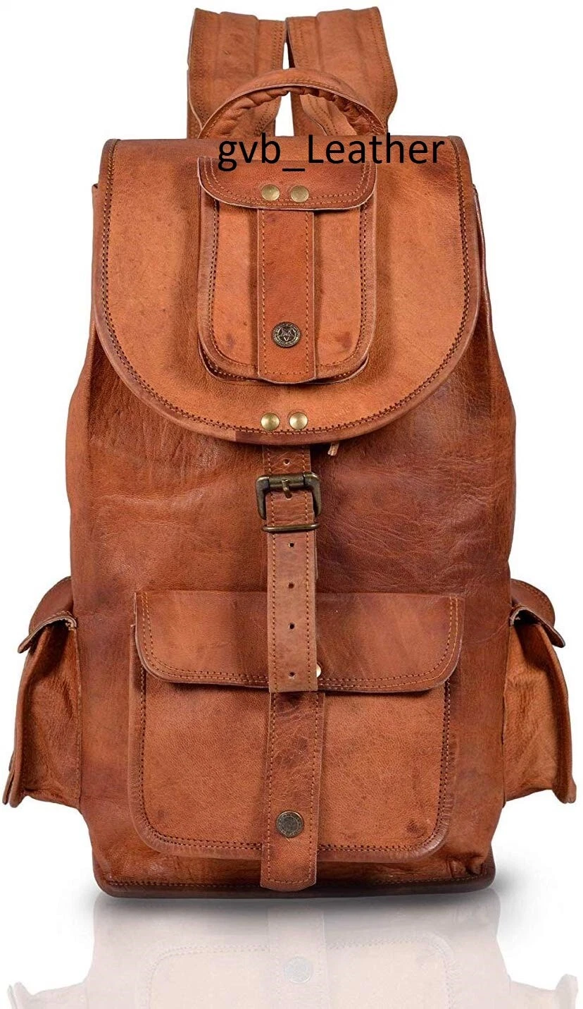 16" Vintage Style Genuine Leather Travel Bag Rucksack Backpack Brown Laptop Bag