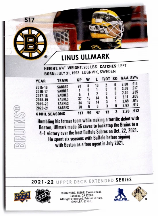 5 CARD LOT - 2021-22 Upper Deck Extended Series - Linus Ullmark #517 - Image 2 of 2