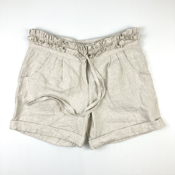 Little Fuchsia 100% Linen Shorts Size 12 Beige Mid Rise Ruffles Pockets As New