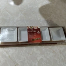 Crofton Slate Serving 5 PC Set Sauce Dipping Porcelain Bowls Ramekin Tray Board 