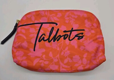 Talbots Makeup Cosmetic Bag Orange With Pink Floral Print Logo Zip Close 