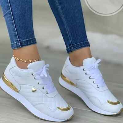 Sneaker Schuhe Sneaker Damen Weiß Gold Gold Glänzend Trend Marsch Sommer Style